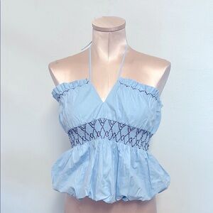 Zara Summer Smocked Balloon Hem Womens Size M Blue Ruffle Cropped Halter Top